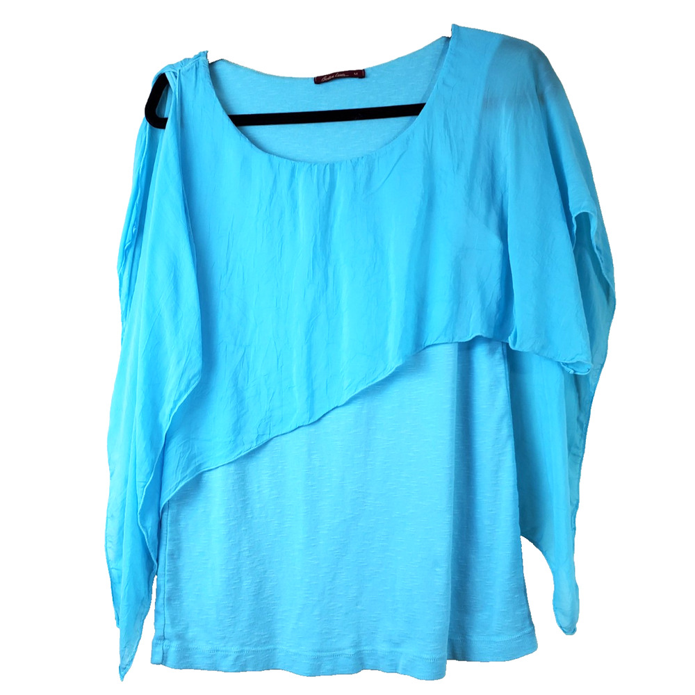 Barbara Lesser Womens Medium Top Blue Round Neck Layered Flowey Cotton Cupro